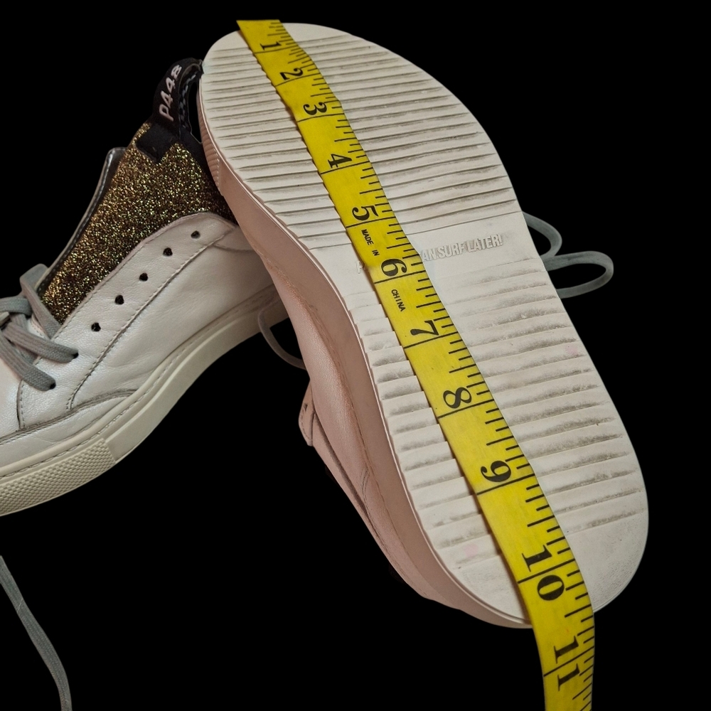 P448 You Can Surf Later White Leather Gold Glitter Tongue Sneakers Women Size 9 - Picture 16 of 16